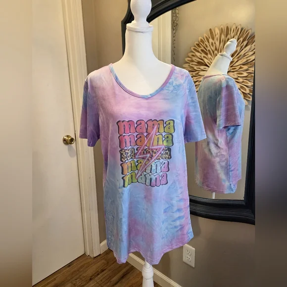 Pastel Tie-Dye "Mama" Short Sleeve Tee - Pink & Blue V-neck Leopard Graphic Tee - Picture 1 of 6